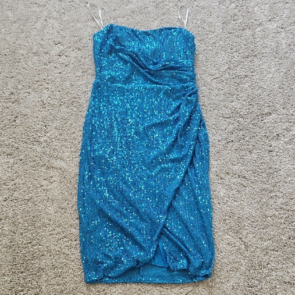 Fashion Nova Strapless Teal Sequin Dress
